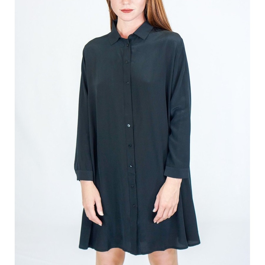 Ali Golden Long Sleeve Silk Collared Swing Dress Xs/S Modern Minimalist Capsule